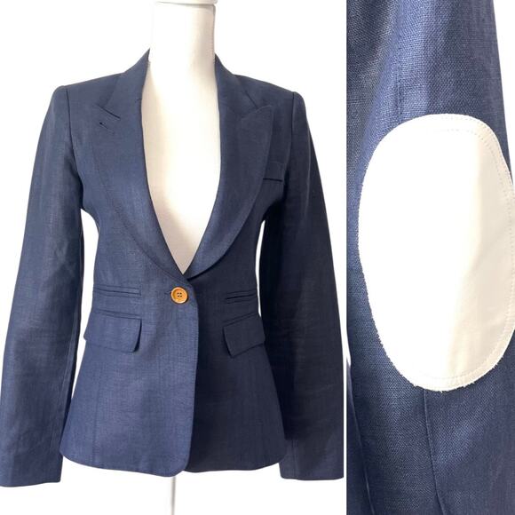 Smythe Jackets & Blazers - Smythe Navy Linen Duchess Blazer White Elbow Patches Single Button Canada Size 4